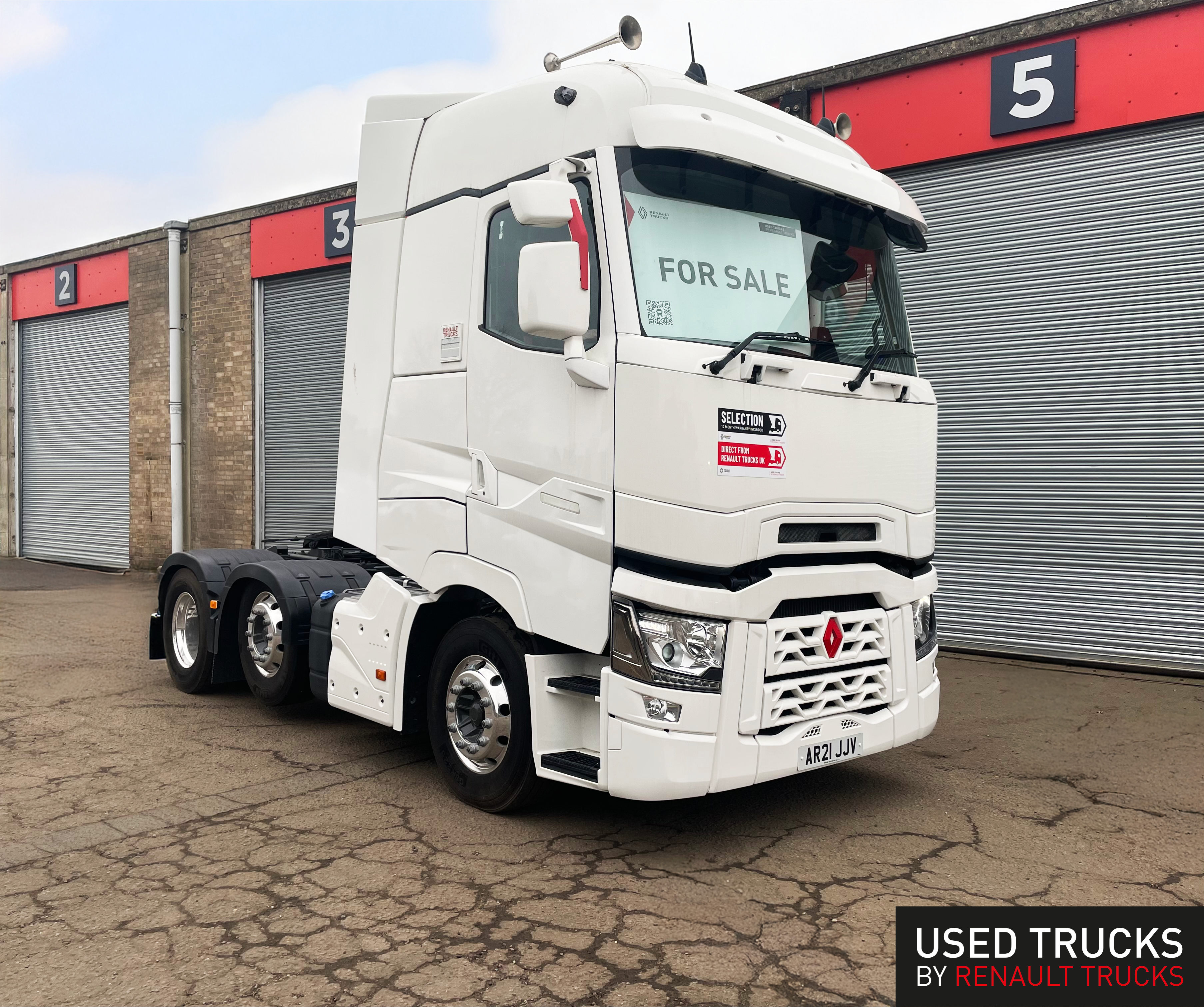 2021 Renault T High Selection 6x2 used truck for sale at Norfolk Truck & Van - white cab, pristine condition, AR21 JJV registration, showcased outside warehouse units