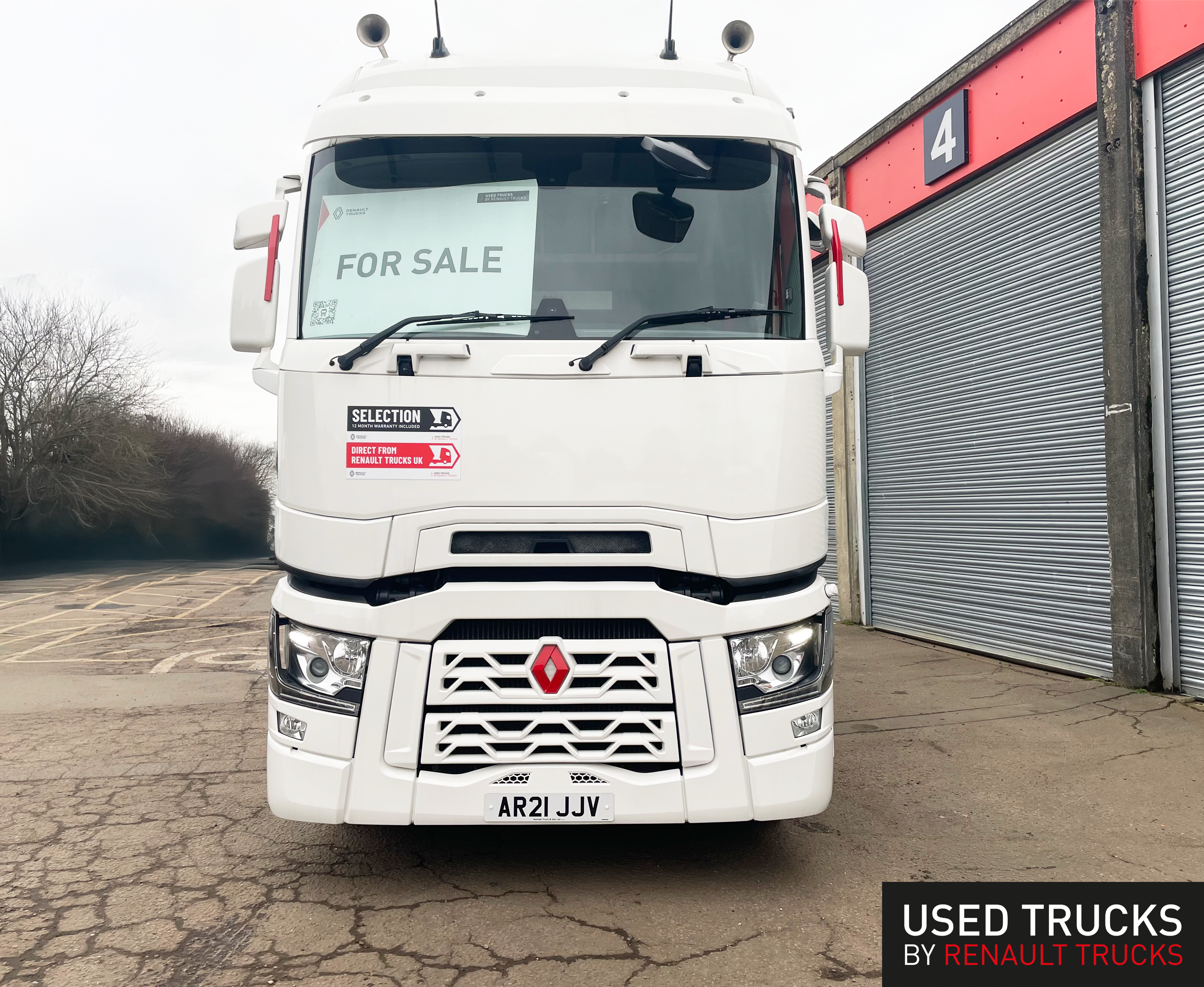 Used Renault T High Selection - front view showing distinctive Renault grille, LED headlights, AR21 JJV registration - white cab with 'For Sale' windscreen display - Norfolk Truck & Van stock - Renault Selection approved used truck