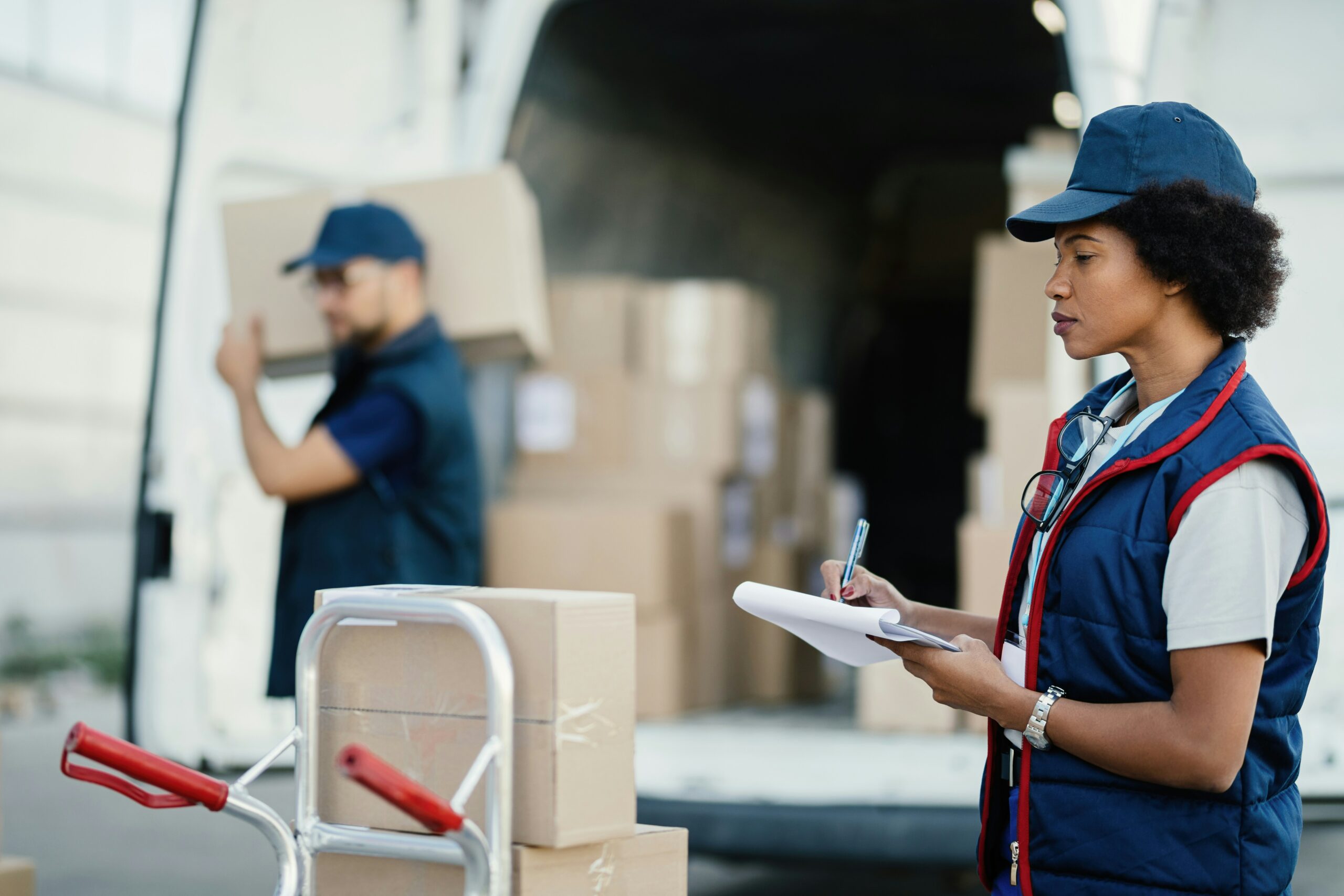 Woman with clipboard and man in the background loading white van