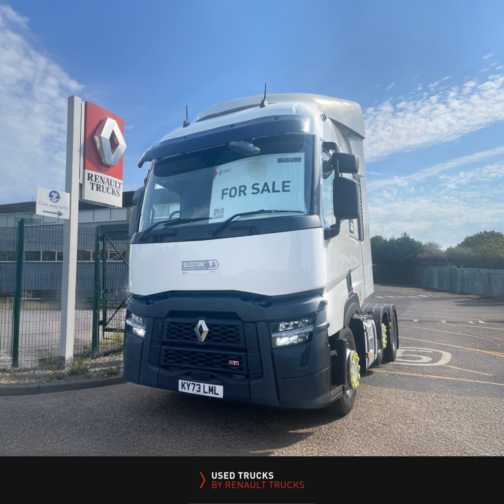 Renault Trucks T480 6x2 Euro 6 tractor unit front view, showing grille and LED headlights, for sale in Norwich, UK.