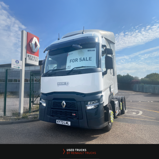 Renault Trucks T480 6x2 Euro 6 tractor unit front view, showing grille and LED headlights, for sale in Norwich, UK.