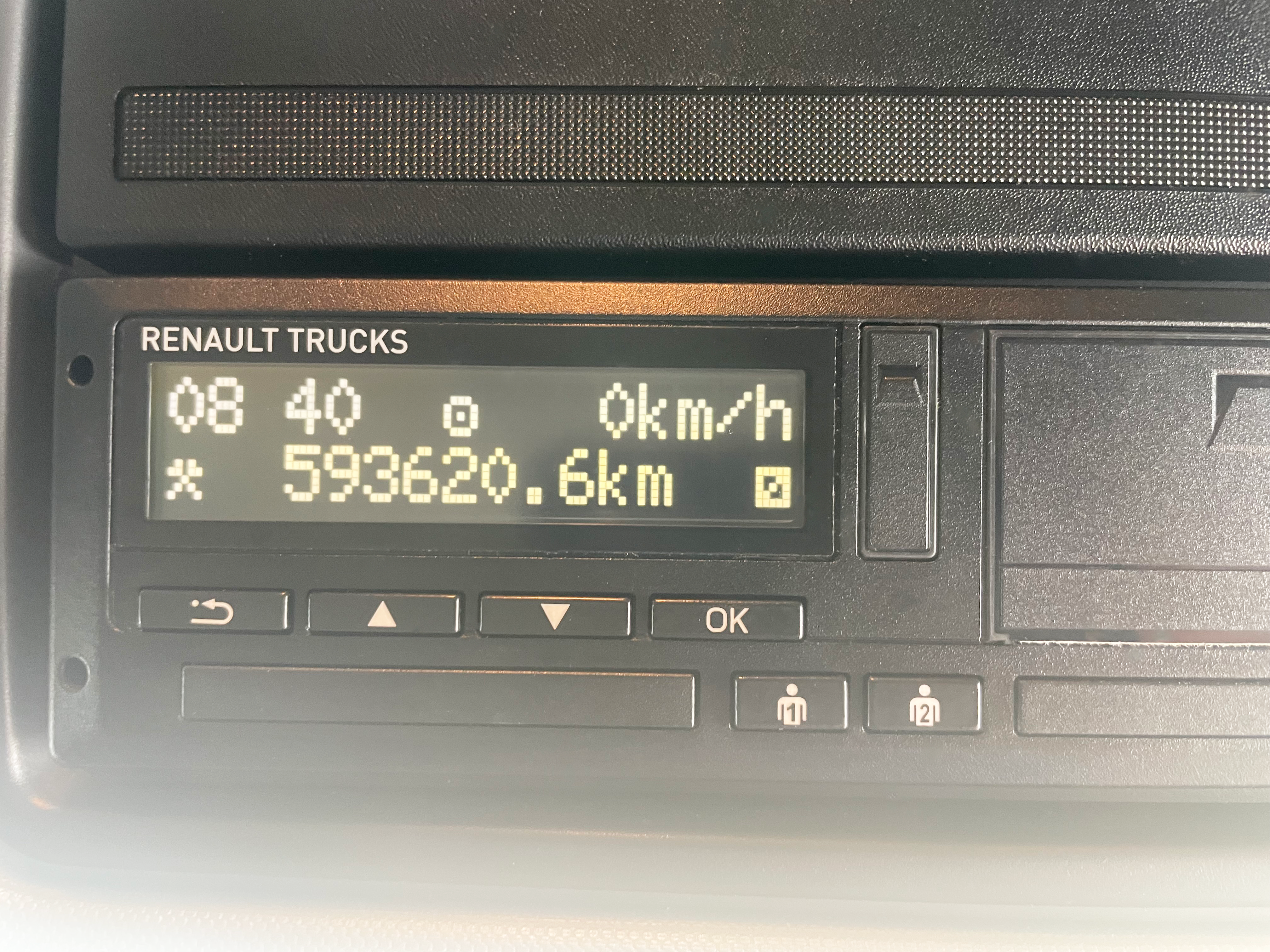Digital tachograph fitted in Renault Trucks T 460 cab, part of vehicle compliance and driver safety features