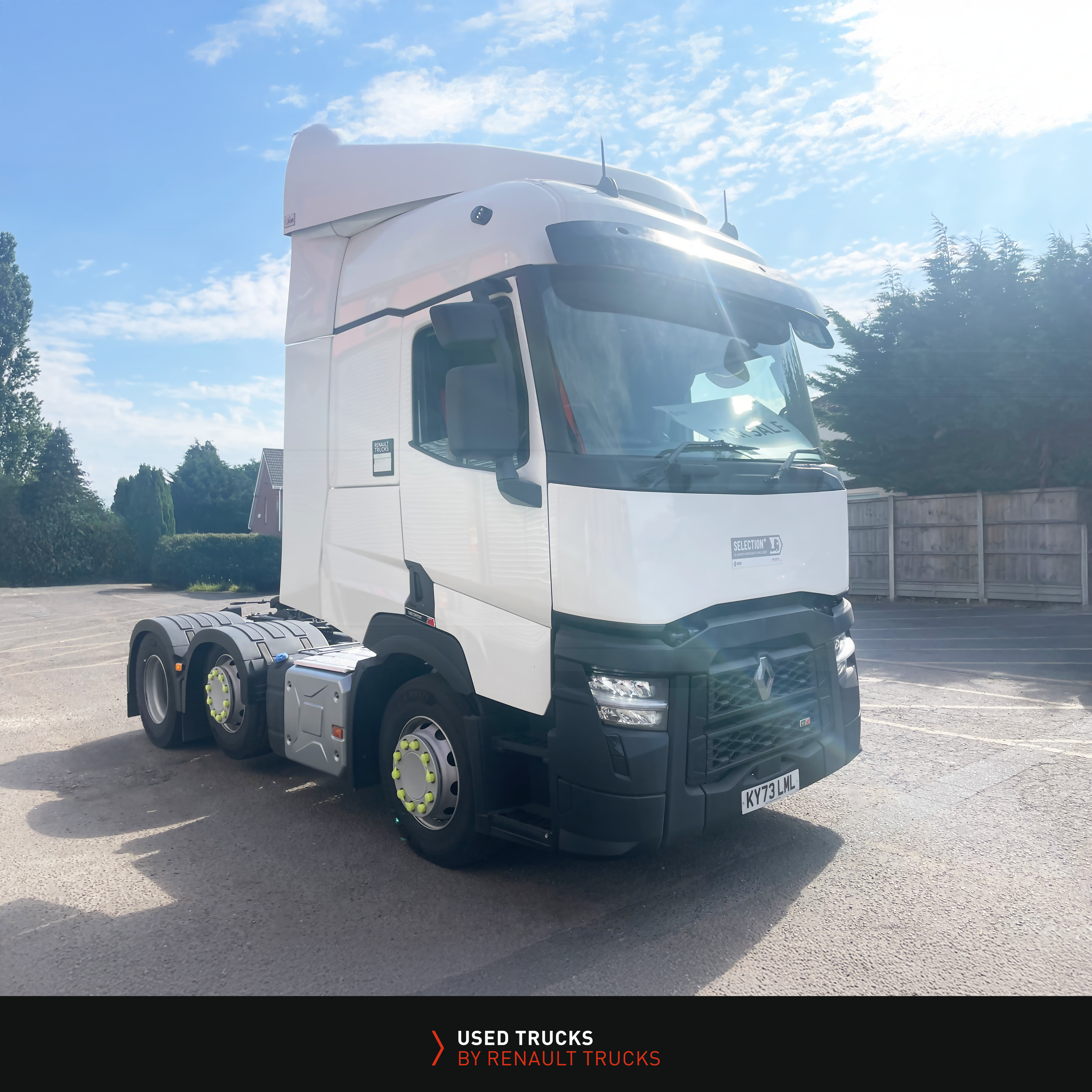 Used Renault T480 6x2 tractor with sleeper cab and alloy fuel tank, viewed from driver's side.