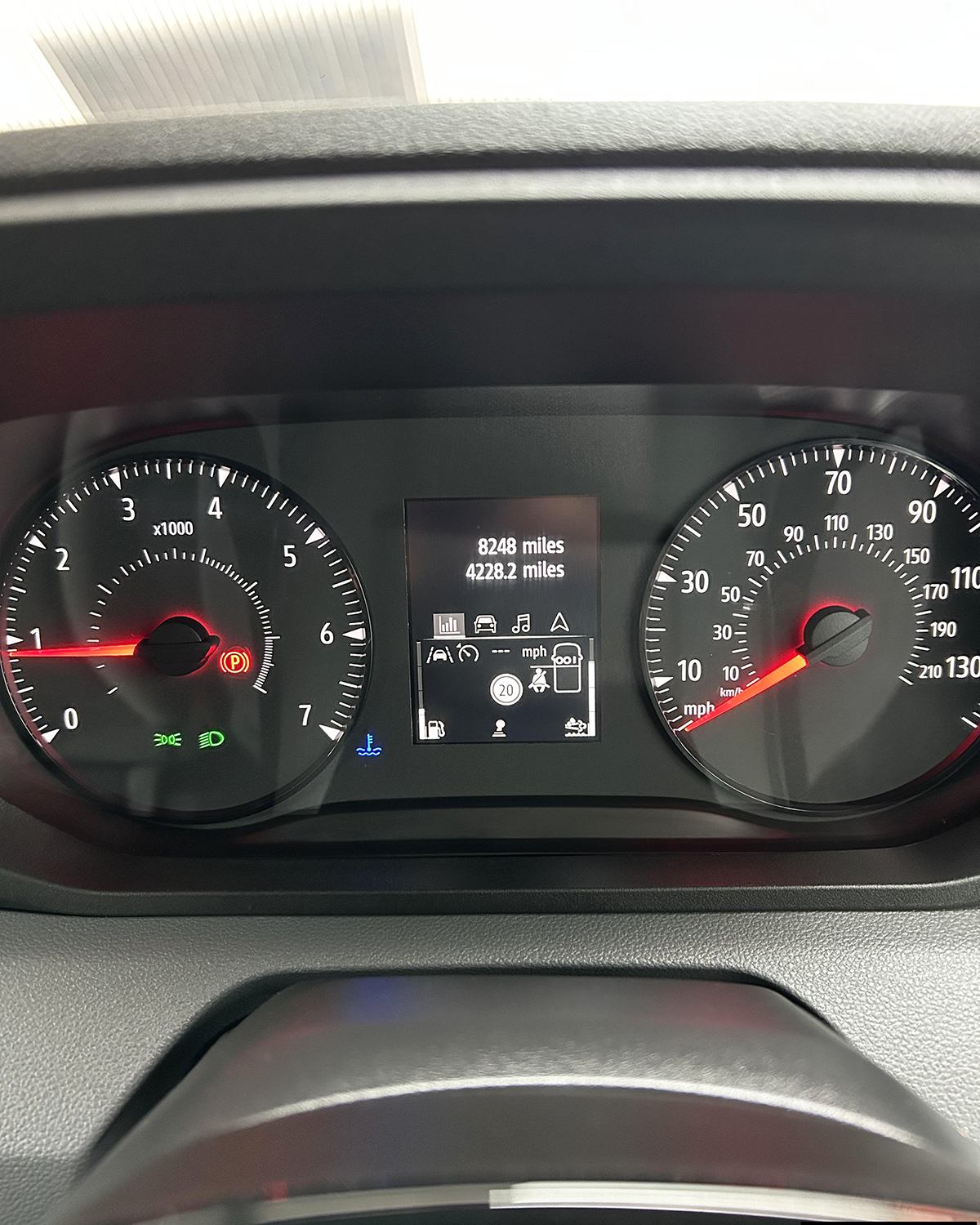 Dashboard display showing approximately 8,248 miles on a 2025 Renault Master 150 curtainsider.