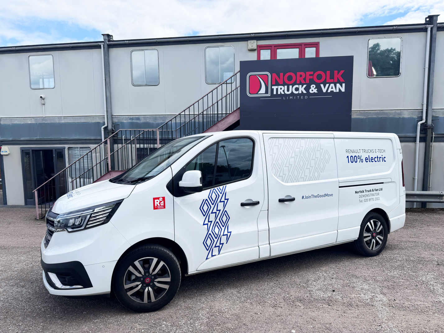Side profile of Renault Trucks E-Tech Trafic Exclusive long wheelbase electric panel van at Norfolk Truck & Van