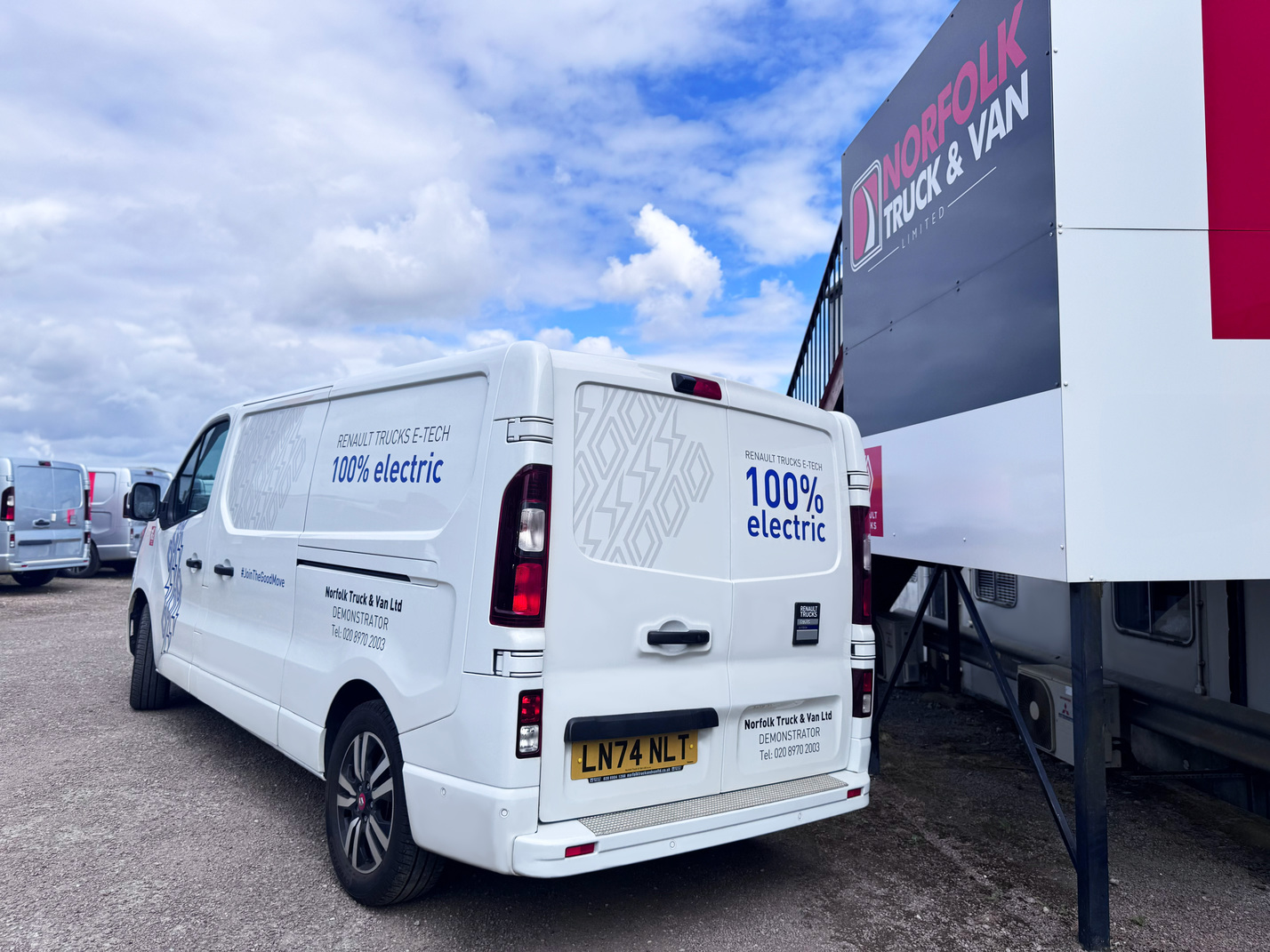 Rear three-quarter view of Renault Trucks E-Tech Trafic 100% electric commercial van demonstrator