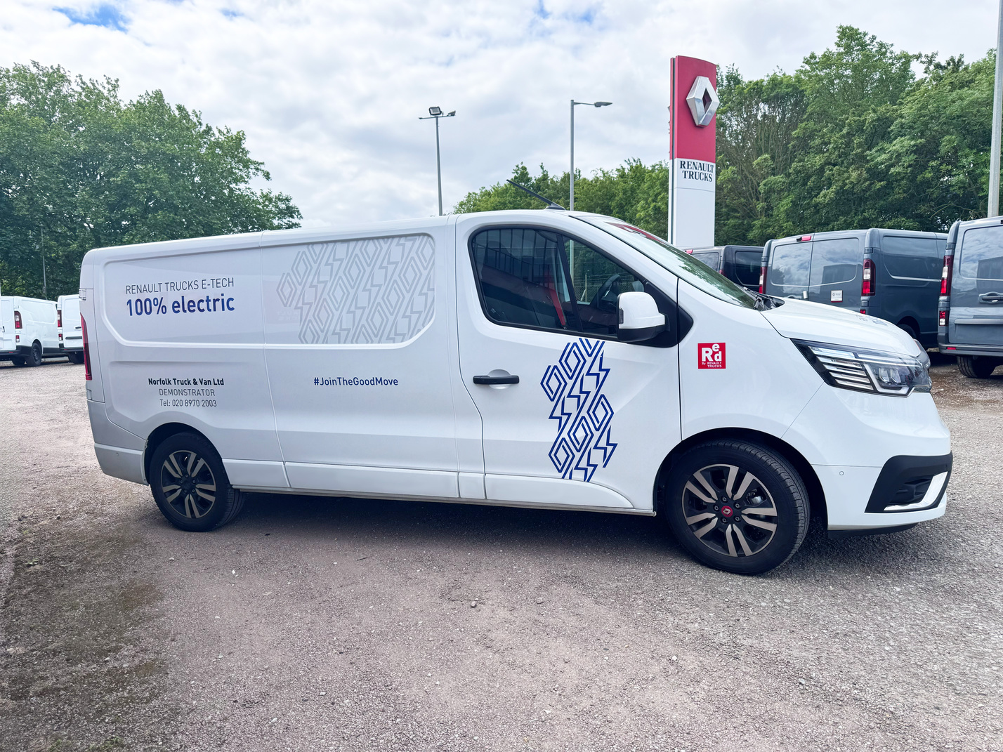 Driver side profile of Renault Trucks E-Tech Trafic electric panel van in Glacier White