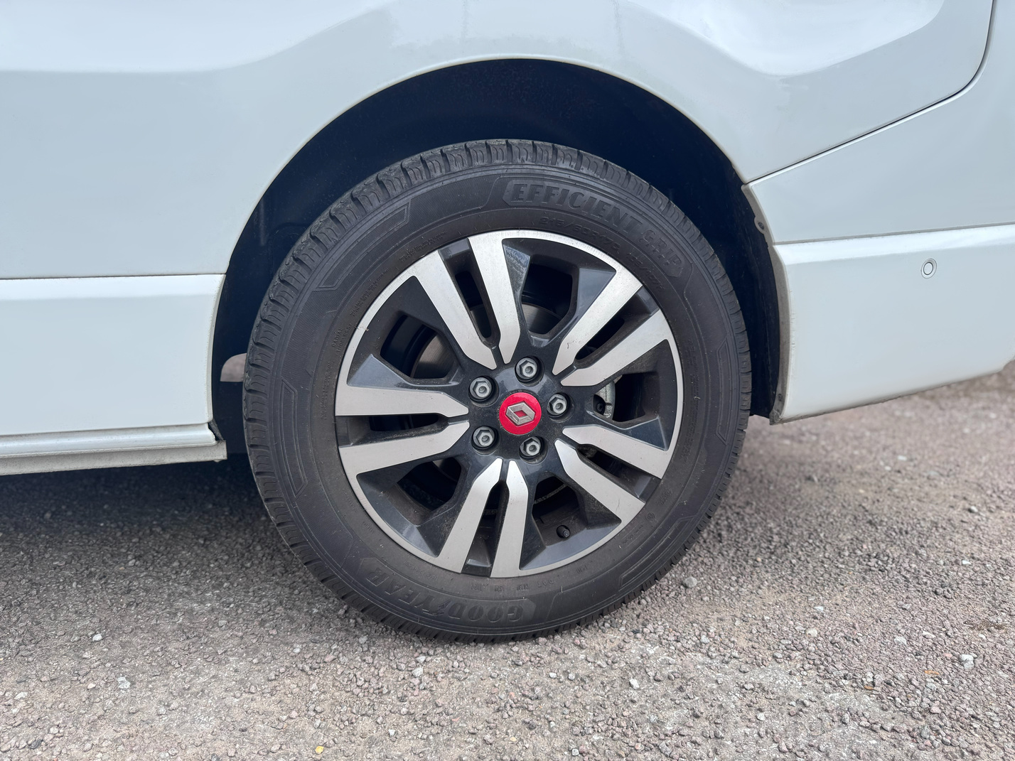 Close-up of rear alloy wheel on Renault Trucks E-Tech Trafic electric commercial vehicle