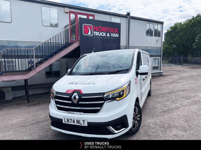 Front three-quarter view of Renault Trucks E-Tech Trafic Exclusive L2H1 electric van demonstrator outside Norfolk Truck & Van Ipswich