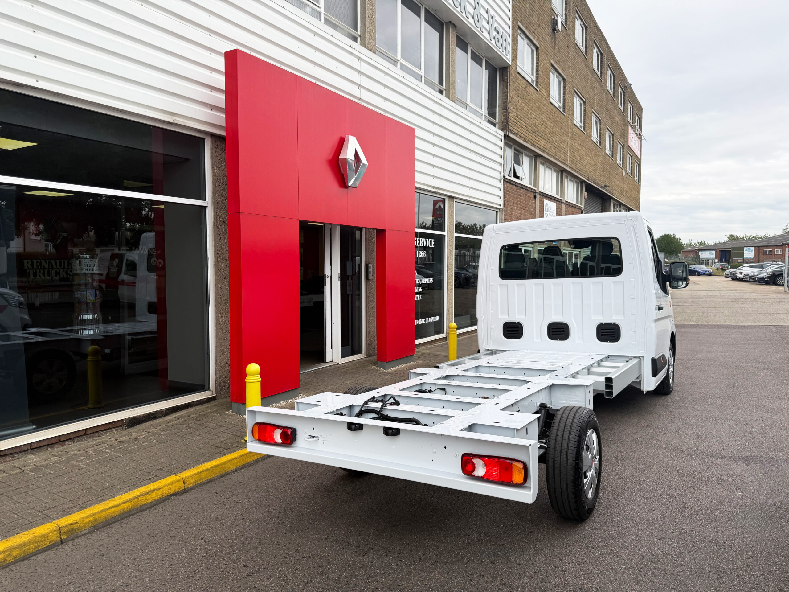 Rear view of the Renault Master E-Tech Red Edition 3.5T L3 H1 electric chassis cab at Norfolk Truck & Van