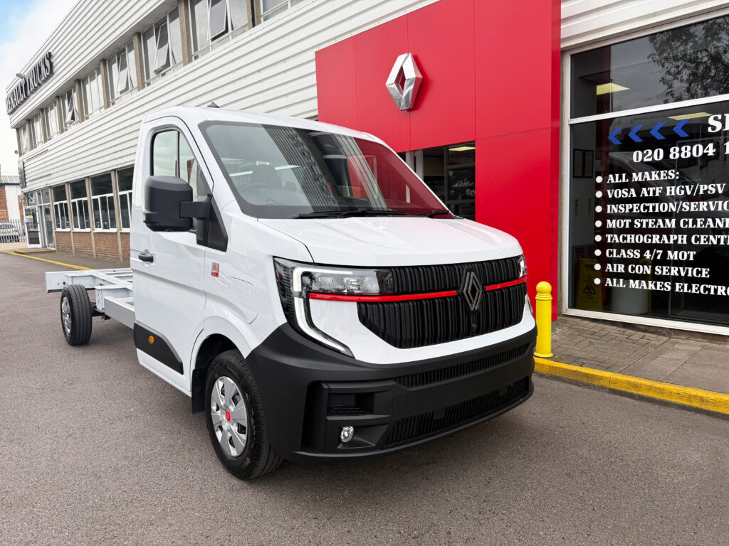 Front view of the Renault Master E-Tech Red Edition 3.5T L3 H1 electric chassis cab outside Norfolk Truck & Van
