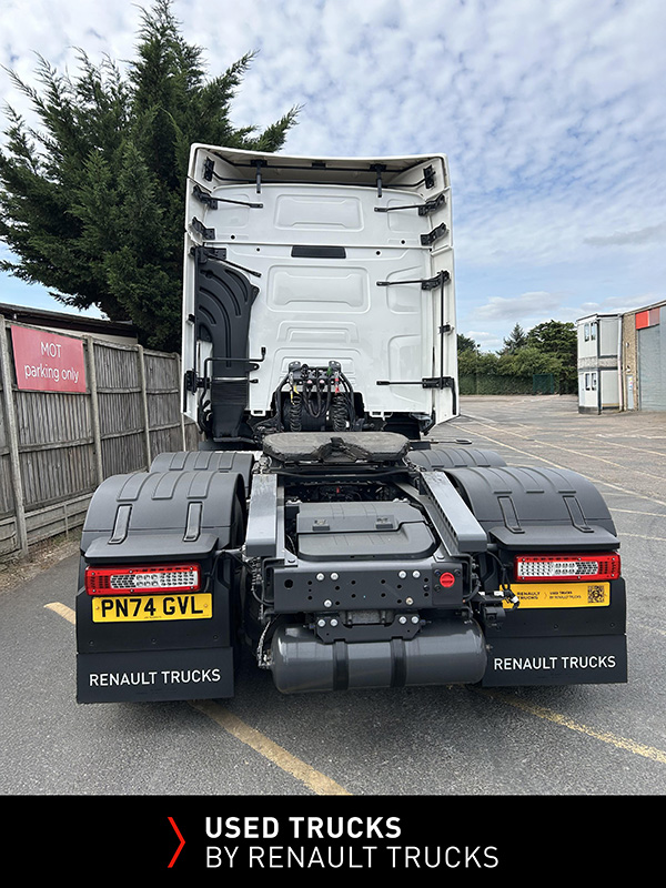 Rear view of the Renault Trucks T480 6x2 tractor unit showing fifth wheel, chassis and airline connections.