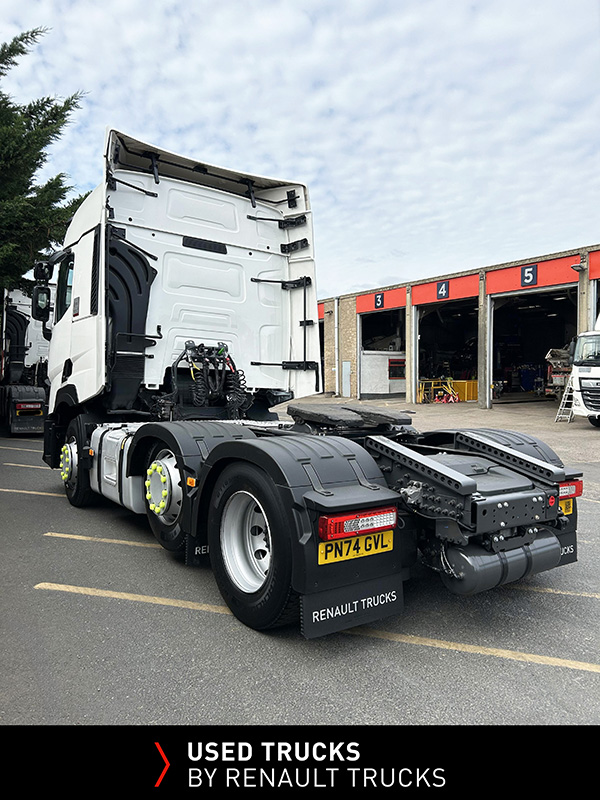 Rear three-quarter view of a used Renault Trucks T480 tractor unit outside the Norfolk Truck & Van workshop.