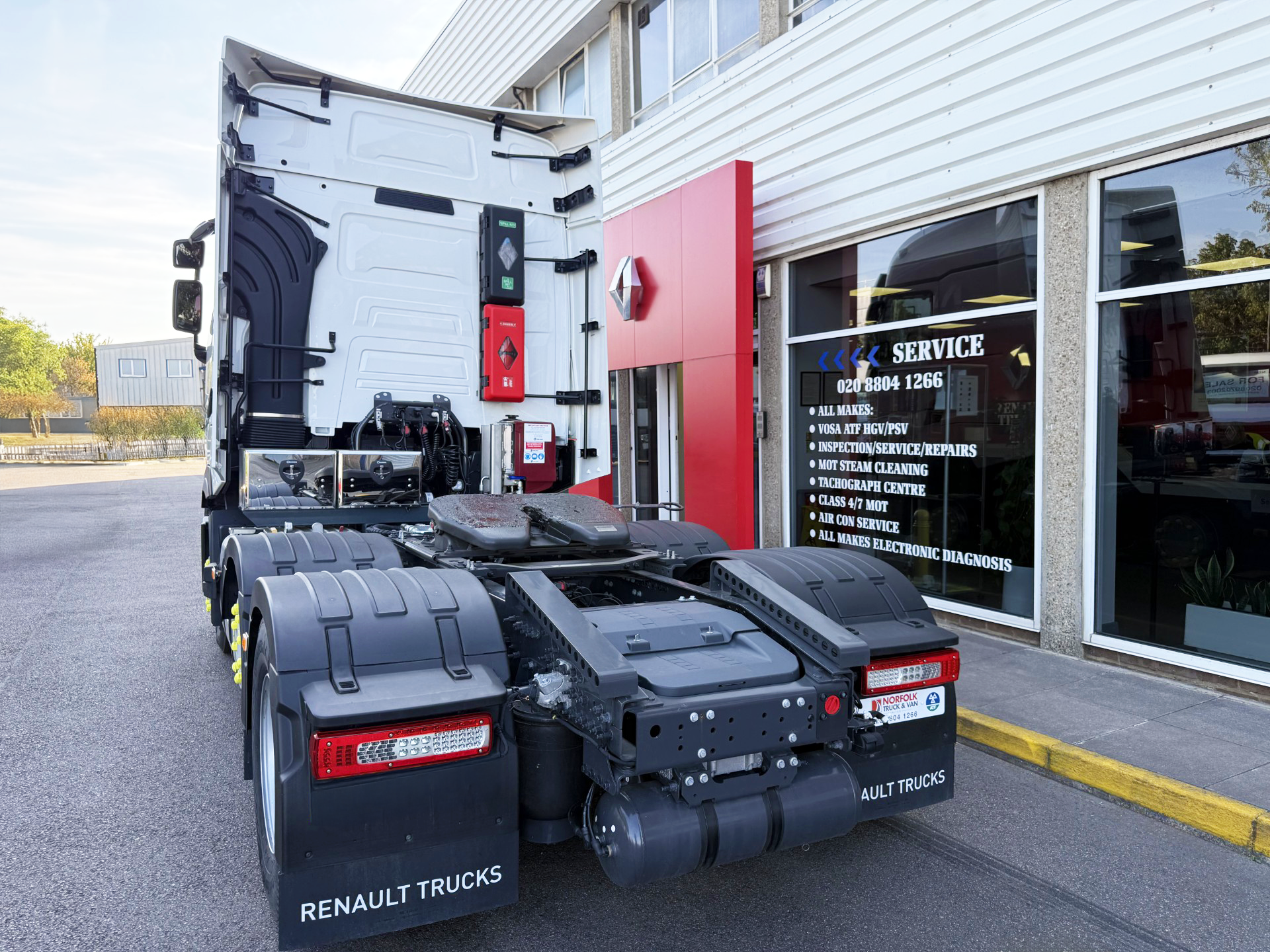 Rear view of a Renault Trucks T High 480 6x2 tractor unit with Gardner Denver Hydrapak and SC200 compressor system at Norfolk Truck & Van.